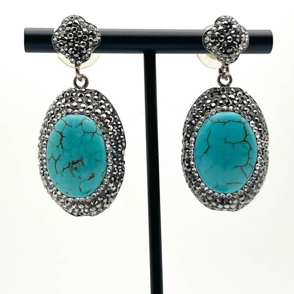 Sterling Silver and Turquoise Drop Earrings Accented with Marcasite and Crystals - Picture 1 of 5
